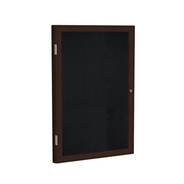 Enclosed Bulletin Board, 1 Door, Rcycl, Walnut Frame, 3 ft H x 2 ft W, Black